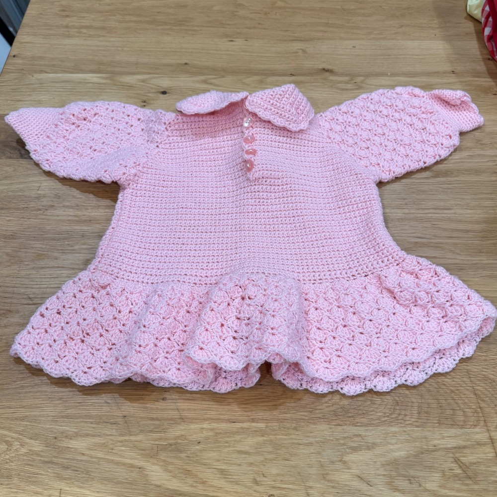 Handmade Pink Crochet Baby Dress Shimmer Knit Peter Pan Collar Shell 12-18M